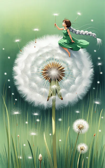 Fantasy Illustration Of A Girl Sitting On A Dandelion