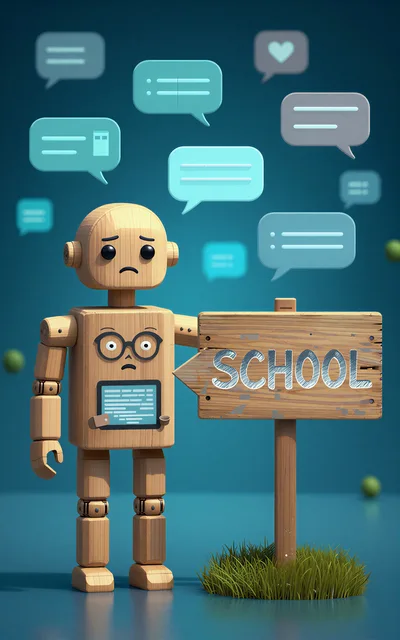 Sad Wooden Robot Holding School Sign
