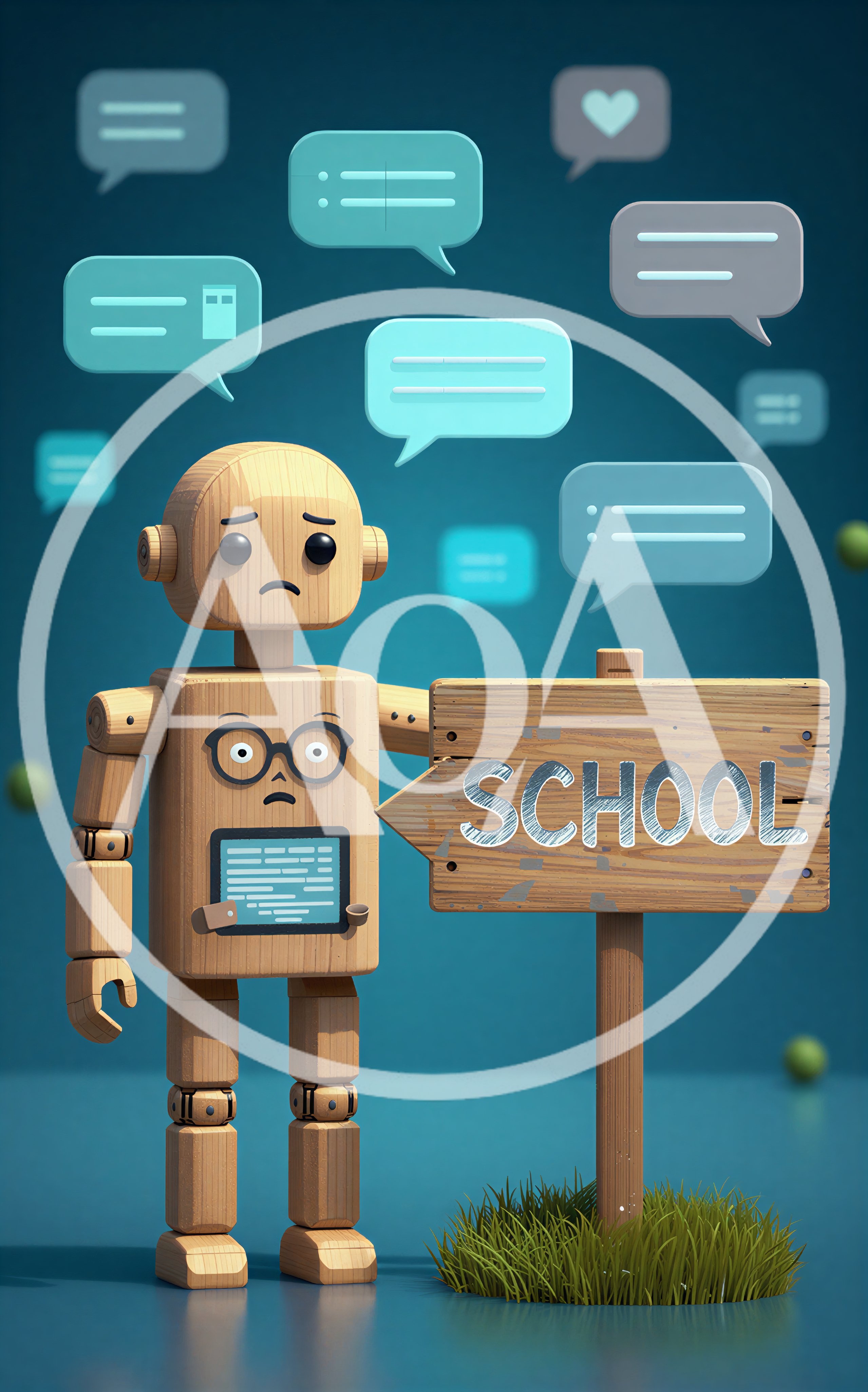 Sad Wooden Robot Holding School Sign