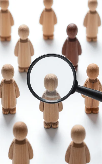 Magnifying Glass Focusing On A Single Wooden Figurine