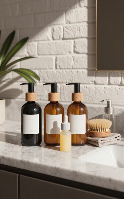 Bathroom Countertop With Skincare Bottles And Accessories