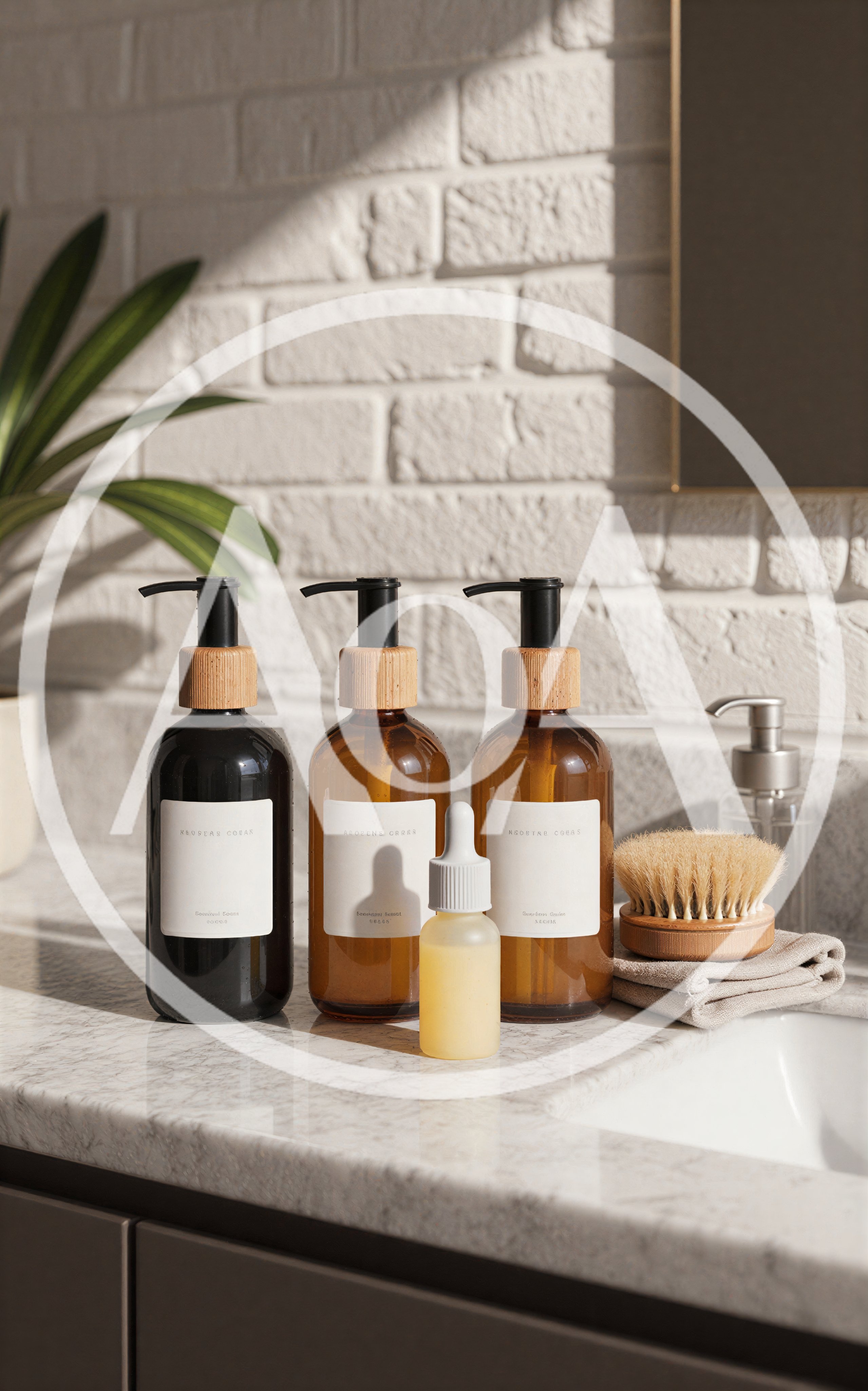 Bathroom Countertop With Skincare Bottles And Accessories