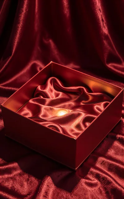 Glowing Candle Inside A Red Satin Lined Gift Box