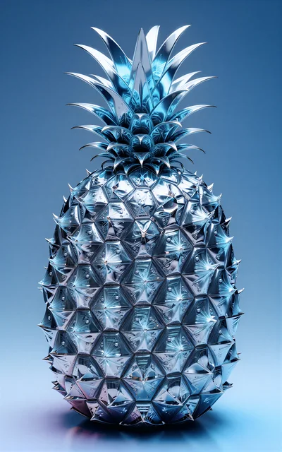 Metallic Chrome Pineapple Sculpture On Blue Background