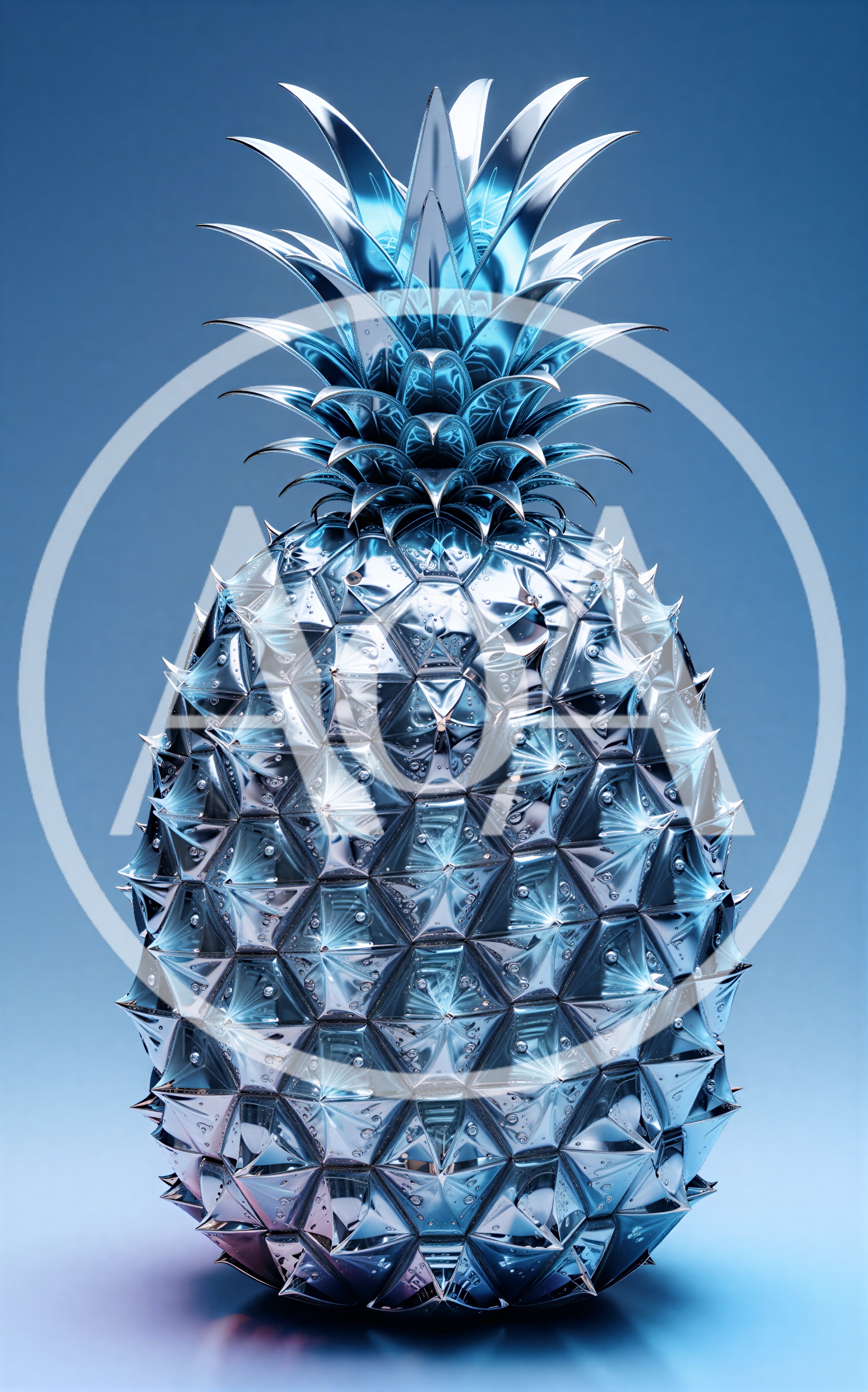 Metallic Chrome Pineapple Sculpture On Blue Background