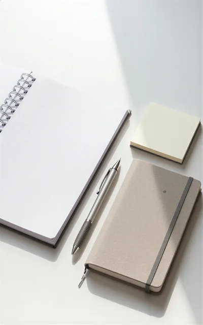 Stationery Set With Notebooks And Pen On White Desk
