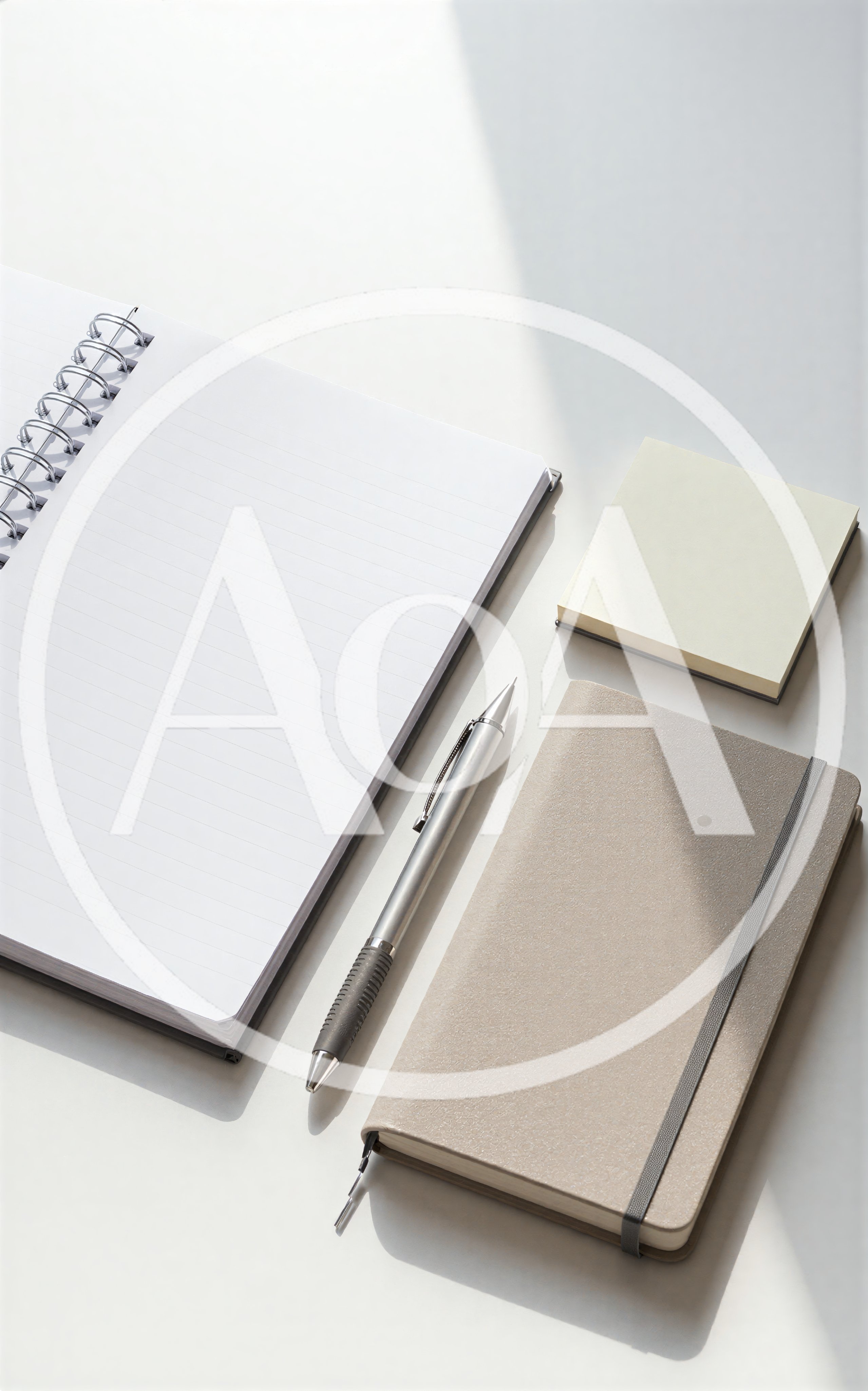 Stationery Set With Notebooks And Pen On White Desk