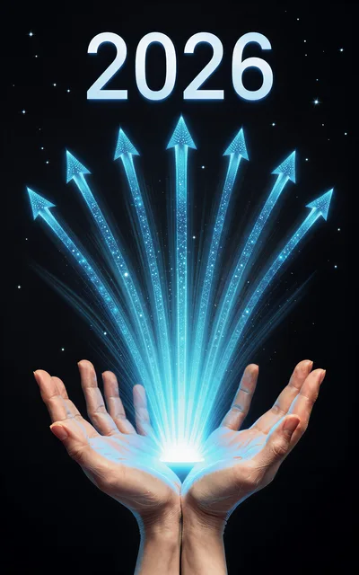 Hands Holding Glowing Blue Arrows Representing 2026 Growth