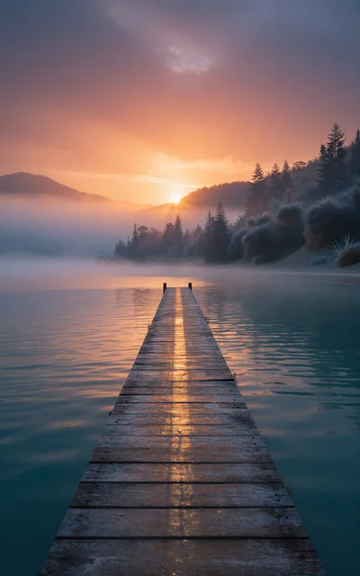 Wooden Pier Extending Into A Misty Lake At Sunrise