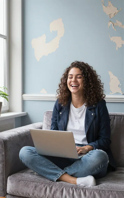 Happy Young Woman Working On Laptop On Sofa