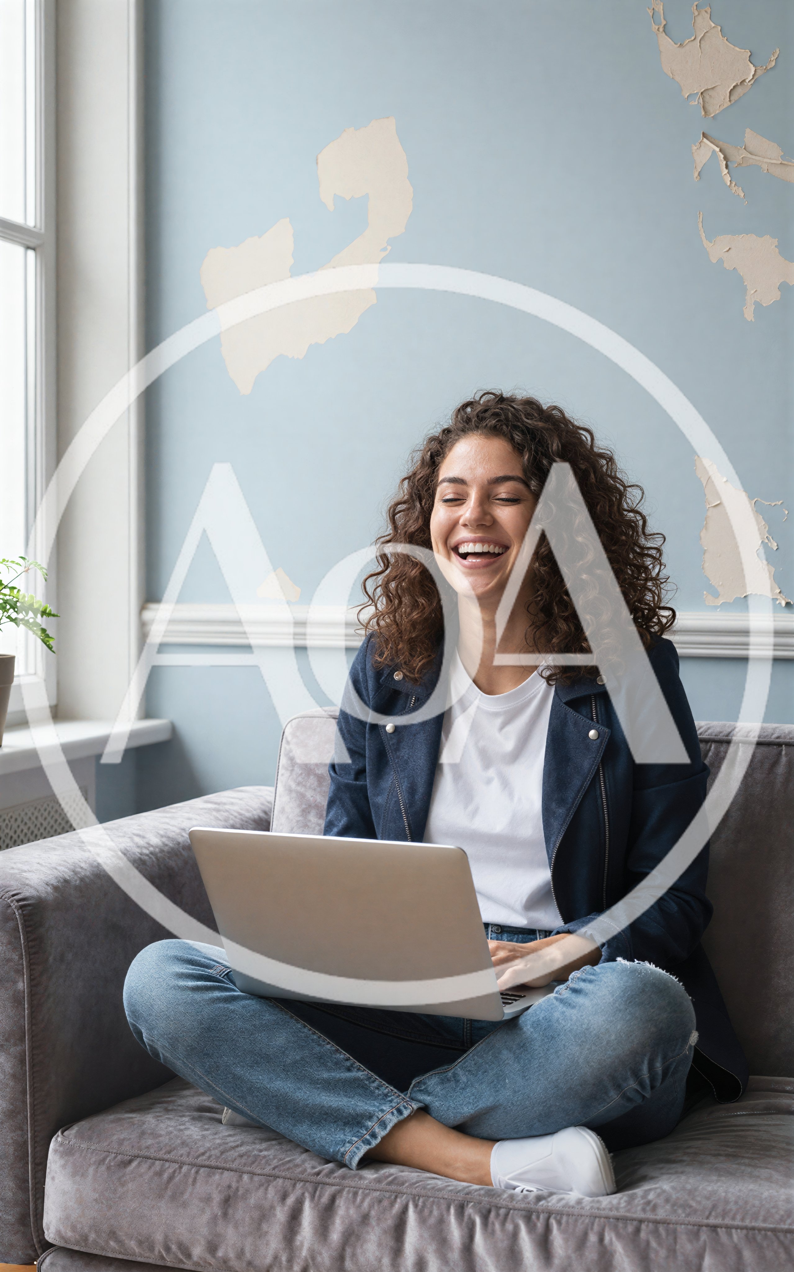 Happy Young Woman Working On Laptop On Sofa