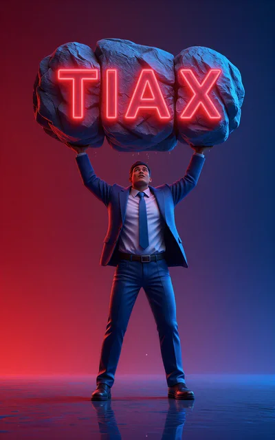 Businessman Holding Heavy Rock With Neon TIAX Text