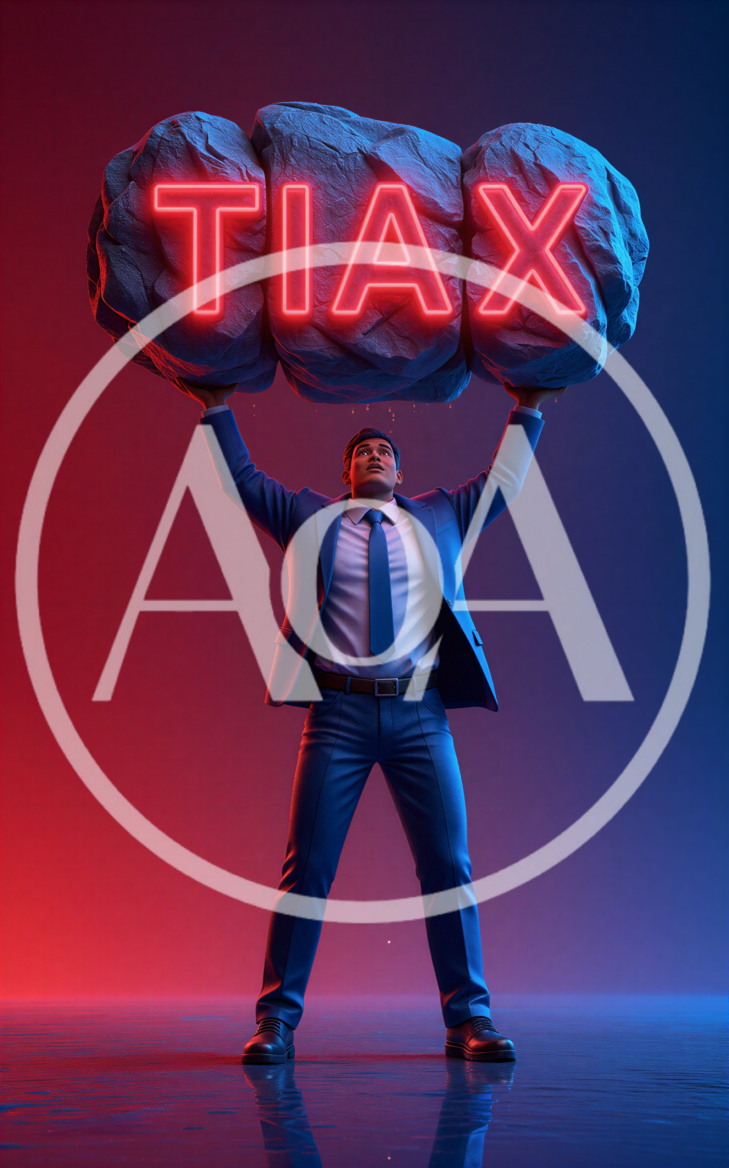 Businessman Holding Heavy Rock With Neon TIAX Text