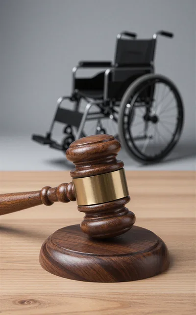 Wooden Gavel Resting On A Table With A Wheelchair