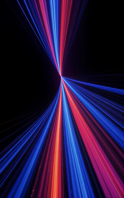 Abstract Neon Light Streaks Converging In Dark Space