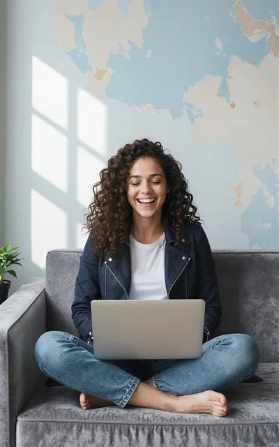 Happy Woman Working On Laptop On Sofa