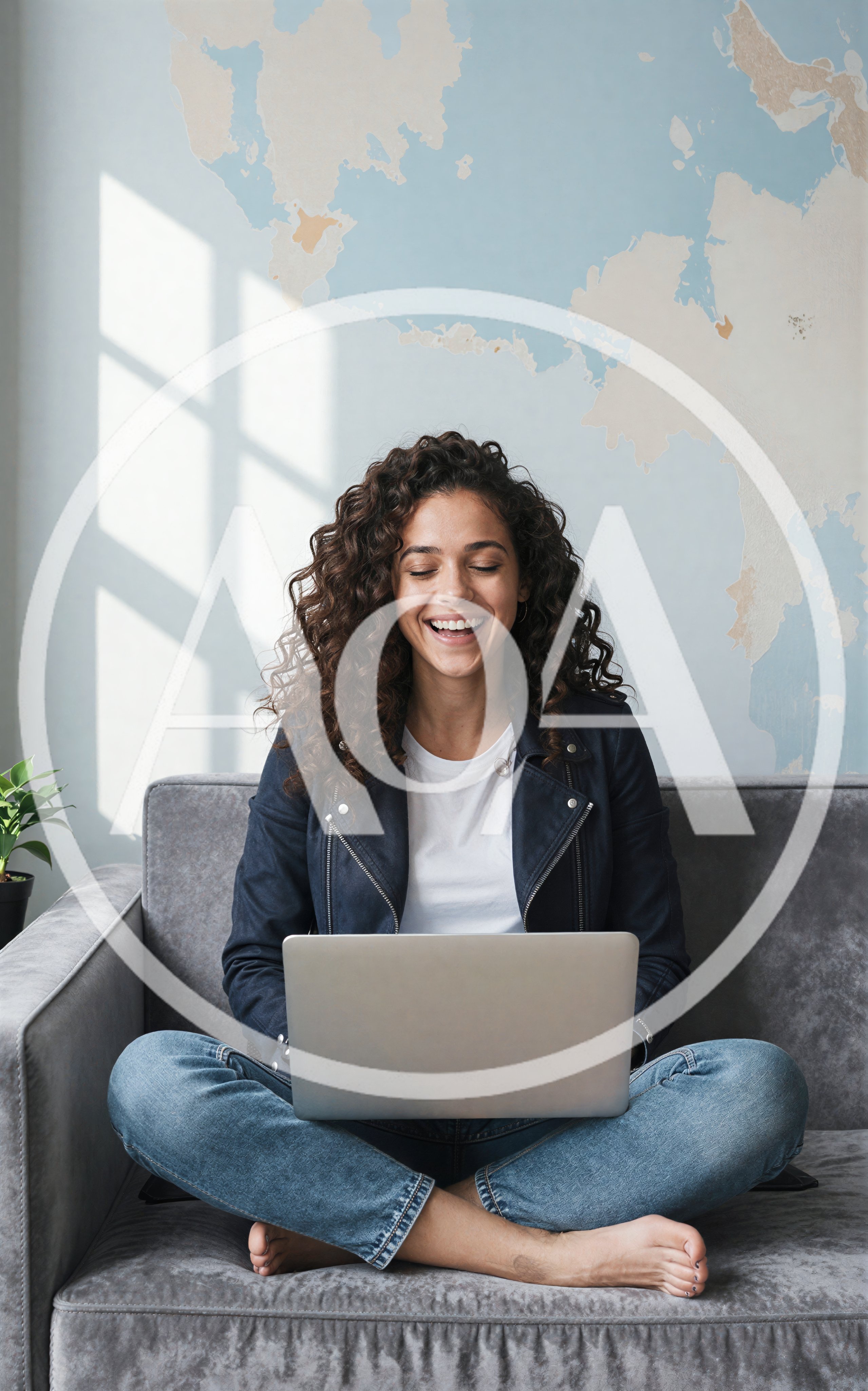 Happy Woman Working On Laptop On Sofa