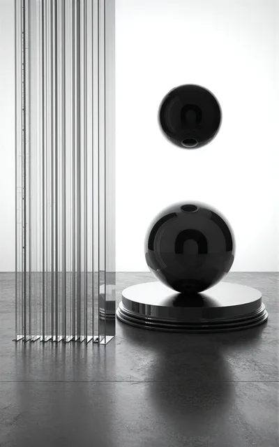 Abstract Minimalist Composition With Floating Black Spheres