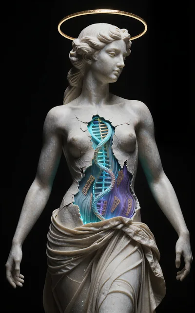 Surreal Marble Statue With Glowing DNA Core