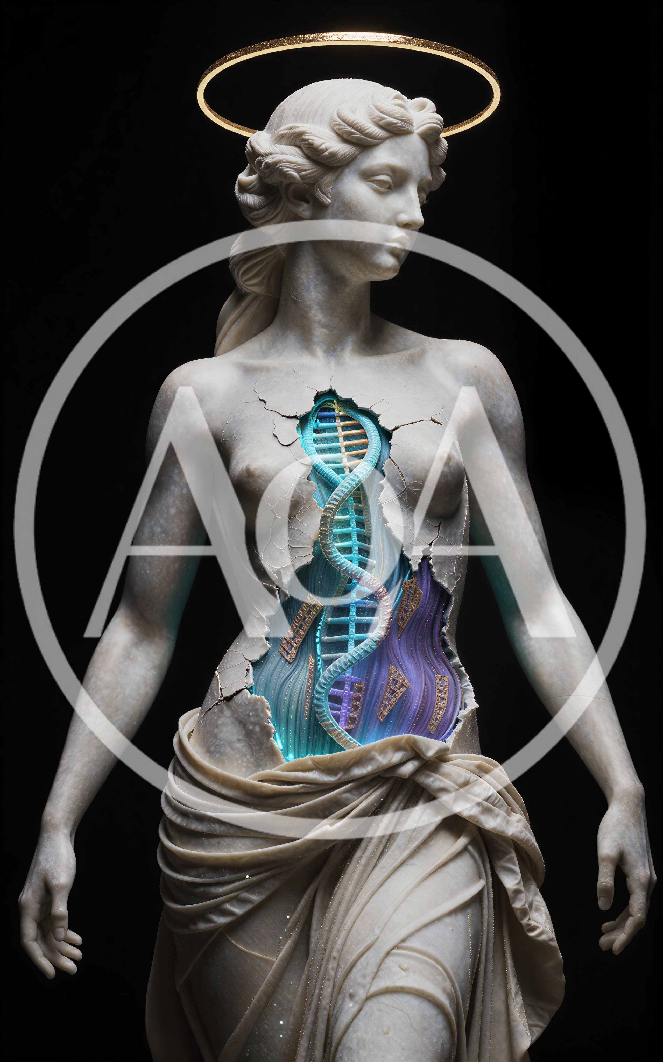 Surreal Marble Statue With Glowing DNA Core