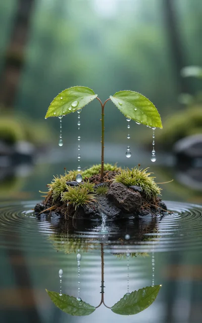 Small Plant Growing On A Floating Rock In Water