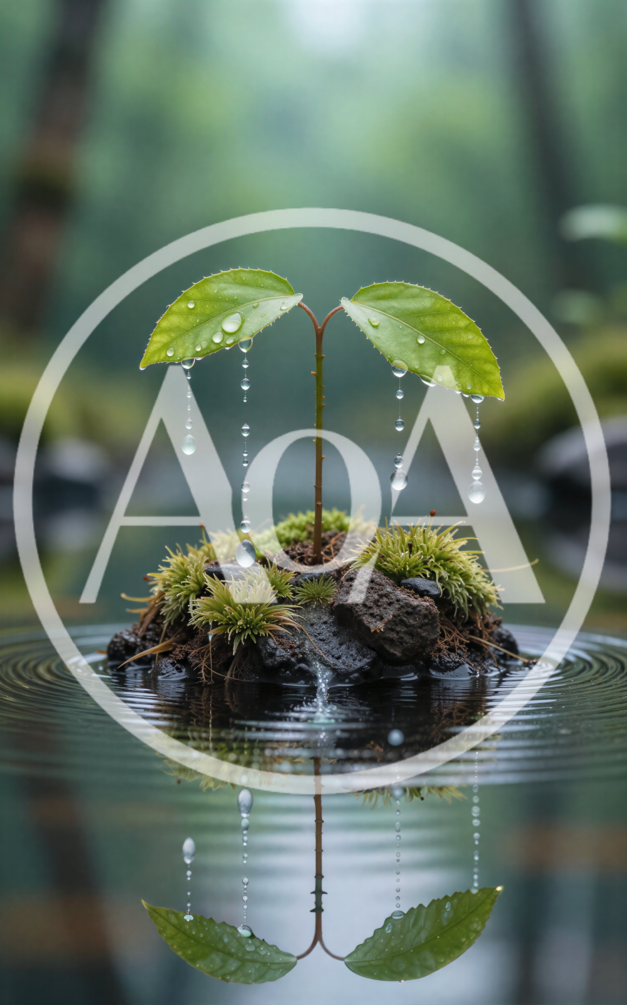 Small Plant Growing On A Floating Rock In Water