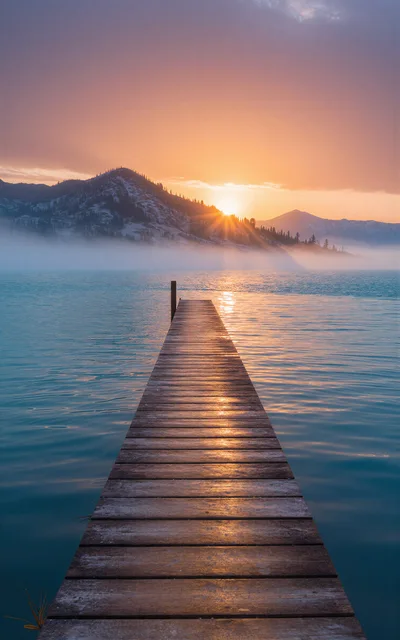 Wooden Pier Extending Into A Misty Mountain Lake At Sunrise