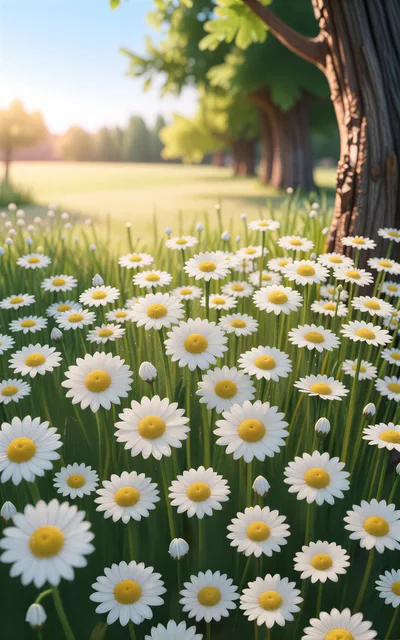 Field Of Blooming White Daisy Flowers In Sunlight