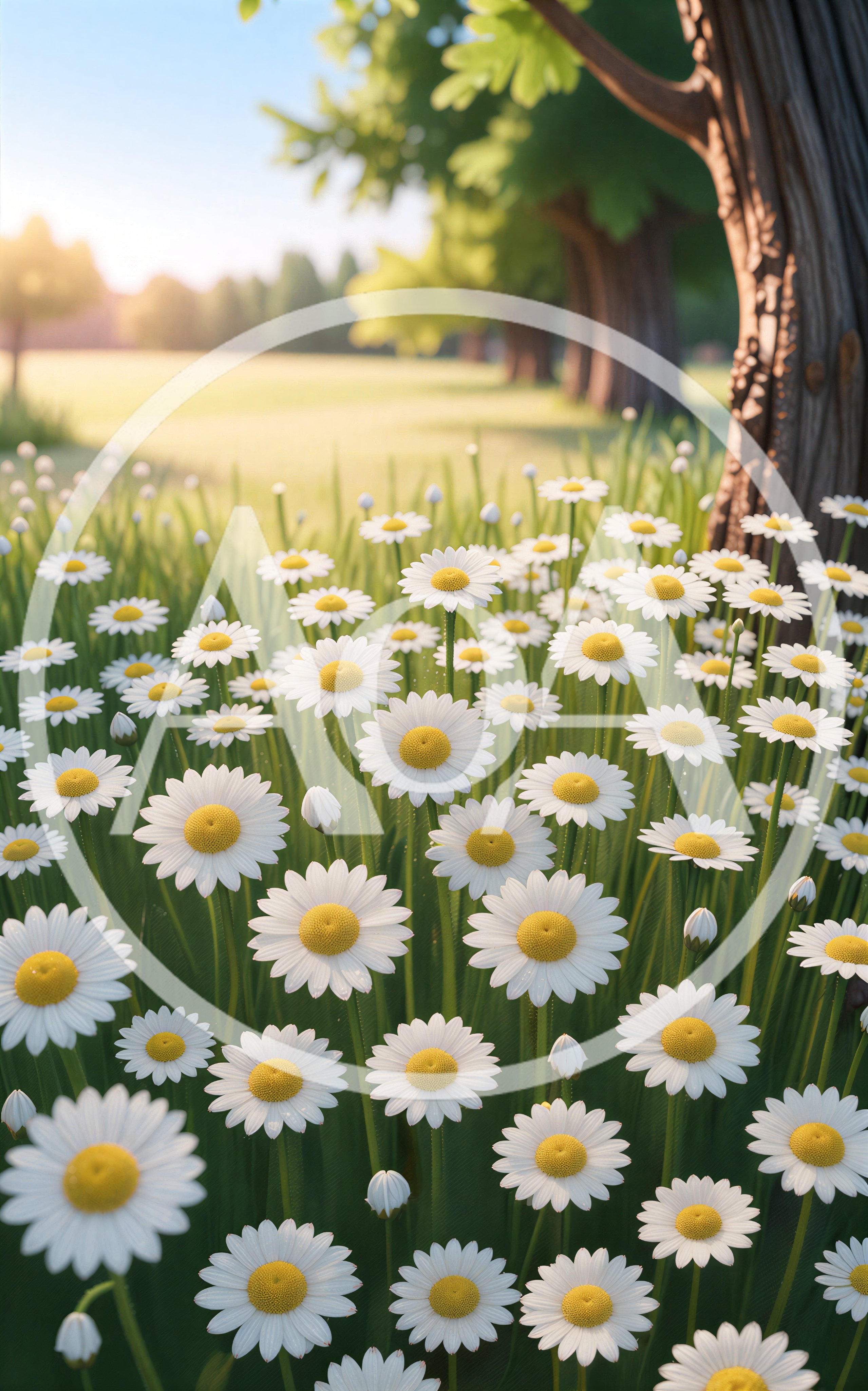 Field Of Blooming White Daisy Flowers In Sunlight