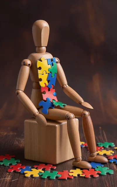 Wooden Mannequin Sitting With Colorful Puzzle Pieces