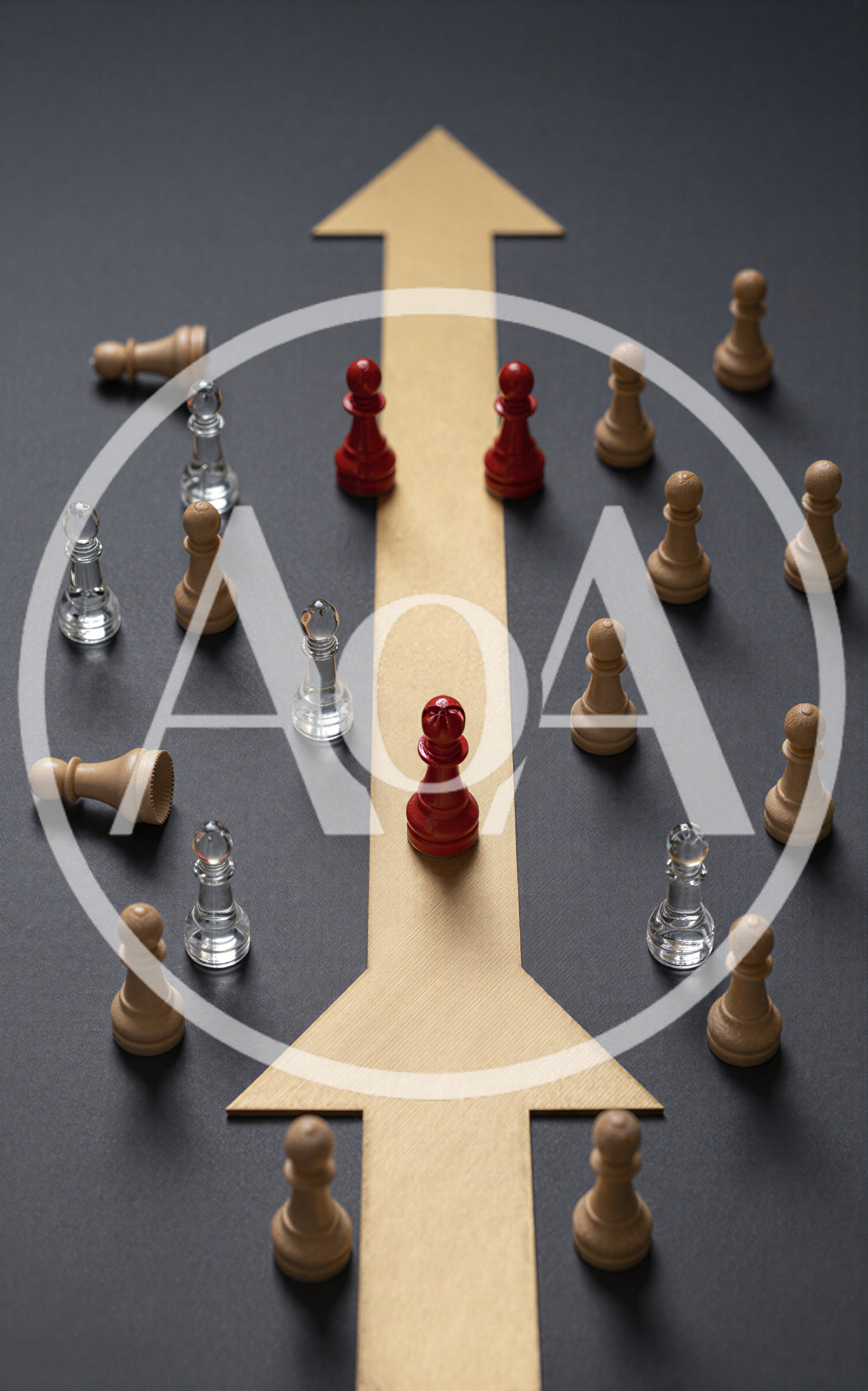 Red Chess Pieces Leading On Gold Arrow Path