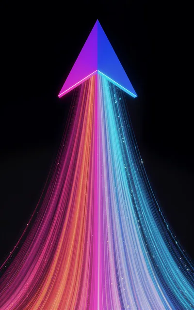 Abstract 3D Arrow Pointing Upward With Neon Light Trails