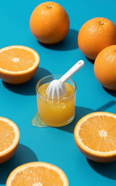 Fresh Orange Juice With Squeezer On Blue Background