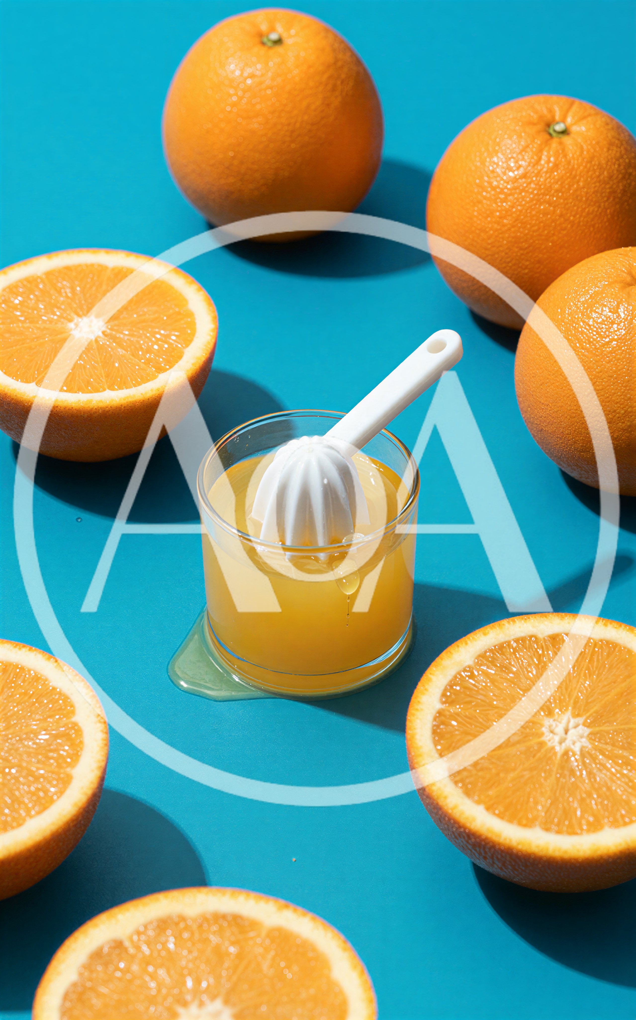 Fresh Orange Juice With Squeezer On Blue Background