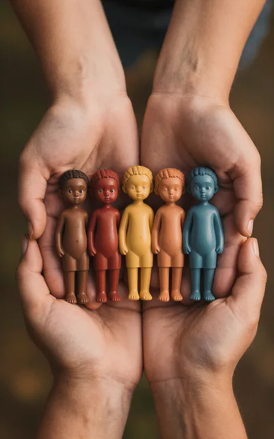 Hands Holding Five Colorful Small Figurines