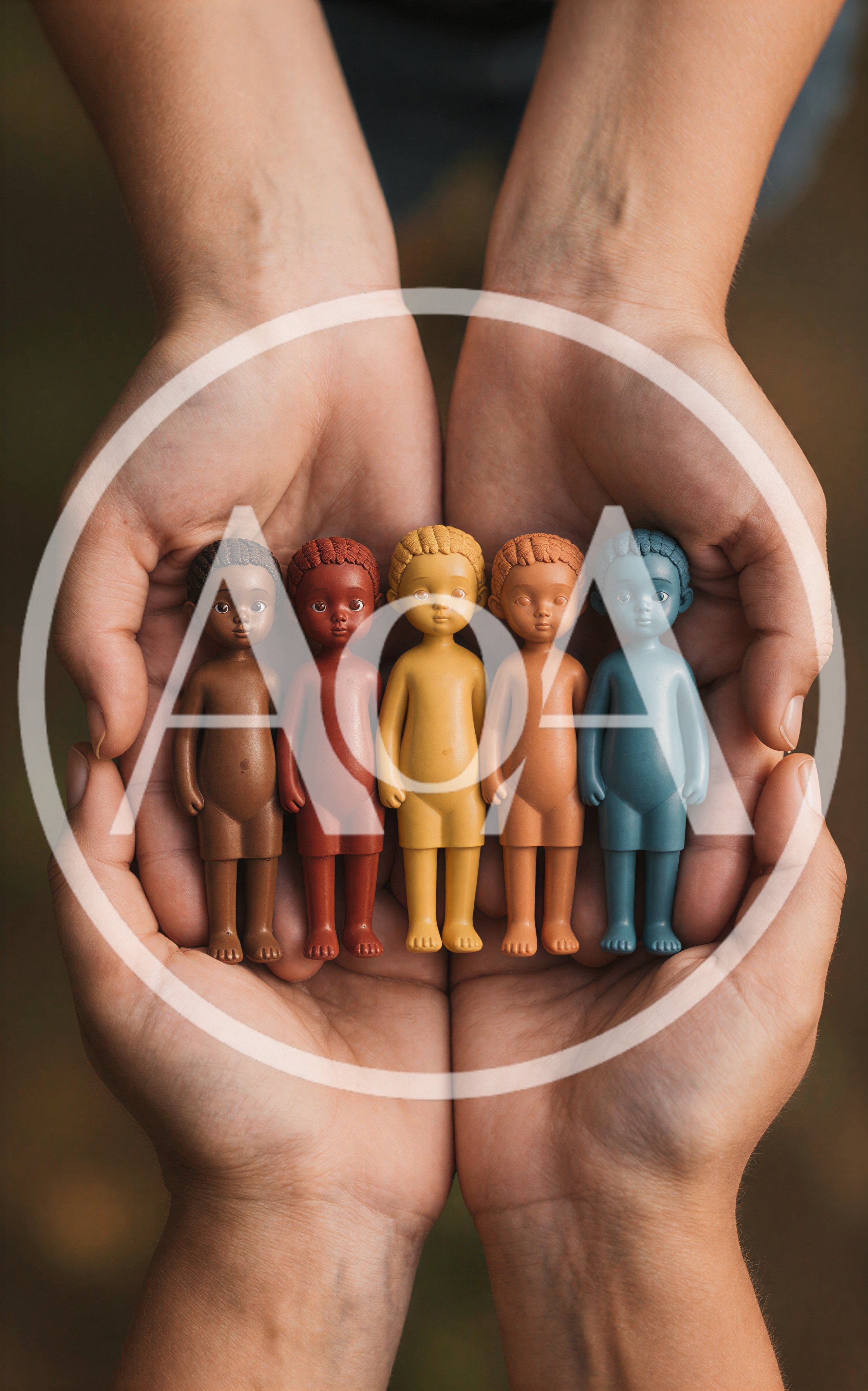 Hands Holding Five Colorful Small Figurines