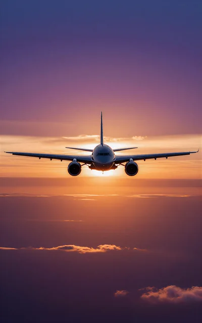 Commercial Airplane Flying Towards Sunset Above Clouds