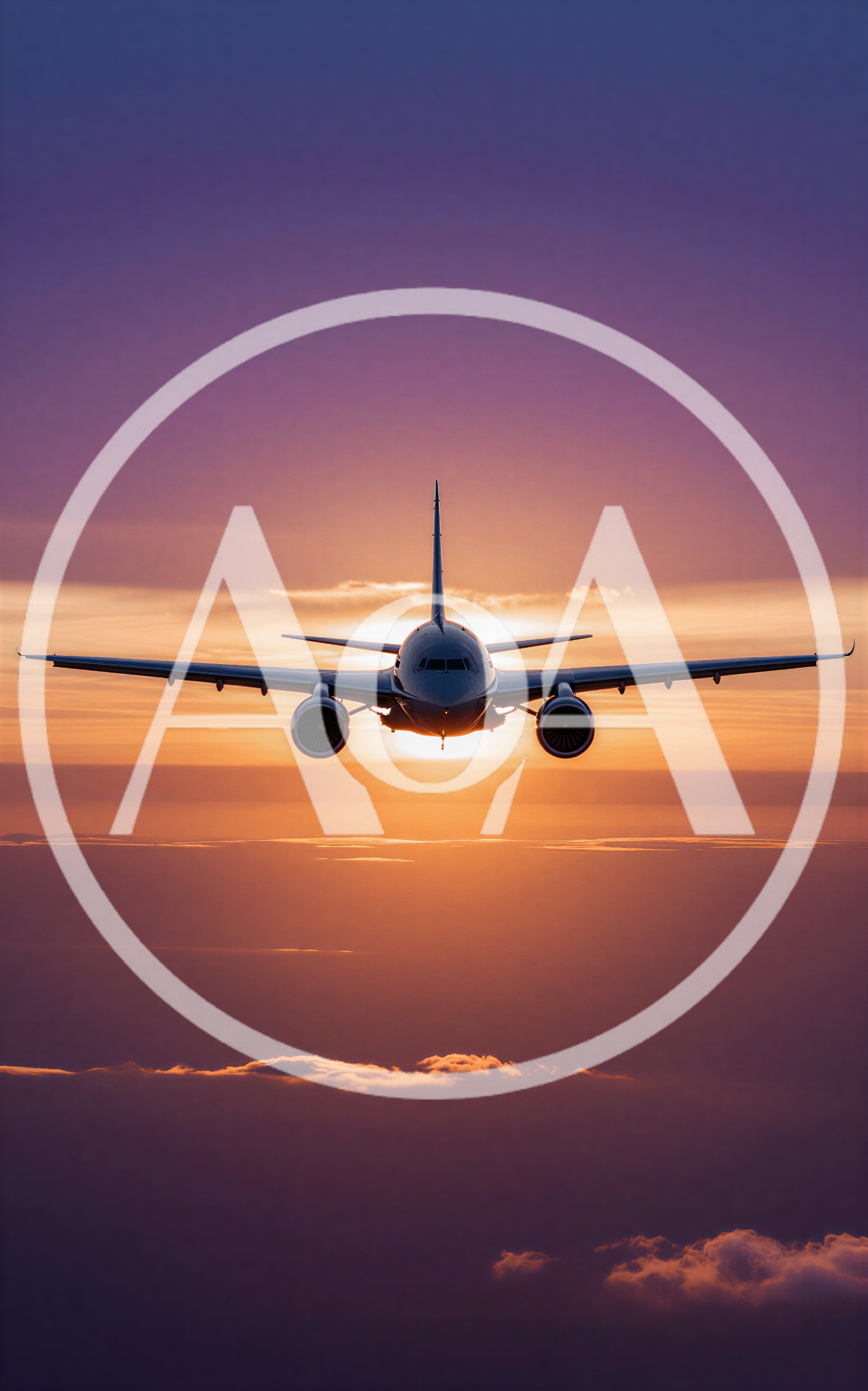 Commercial Airplane Flying Towards Sunset Above Clouds