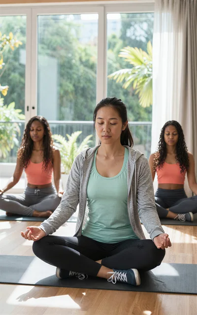 Three Women Practicing Yoga Meditation in a Bright Studio
