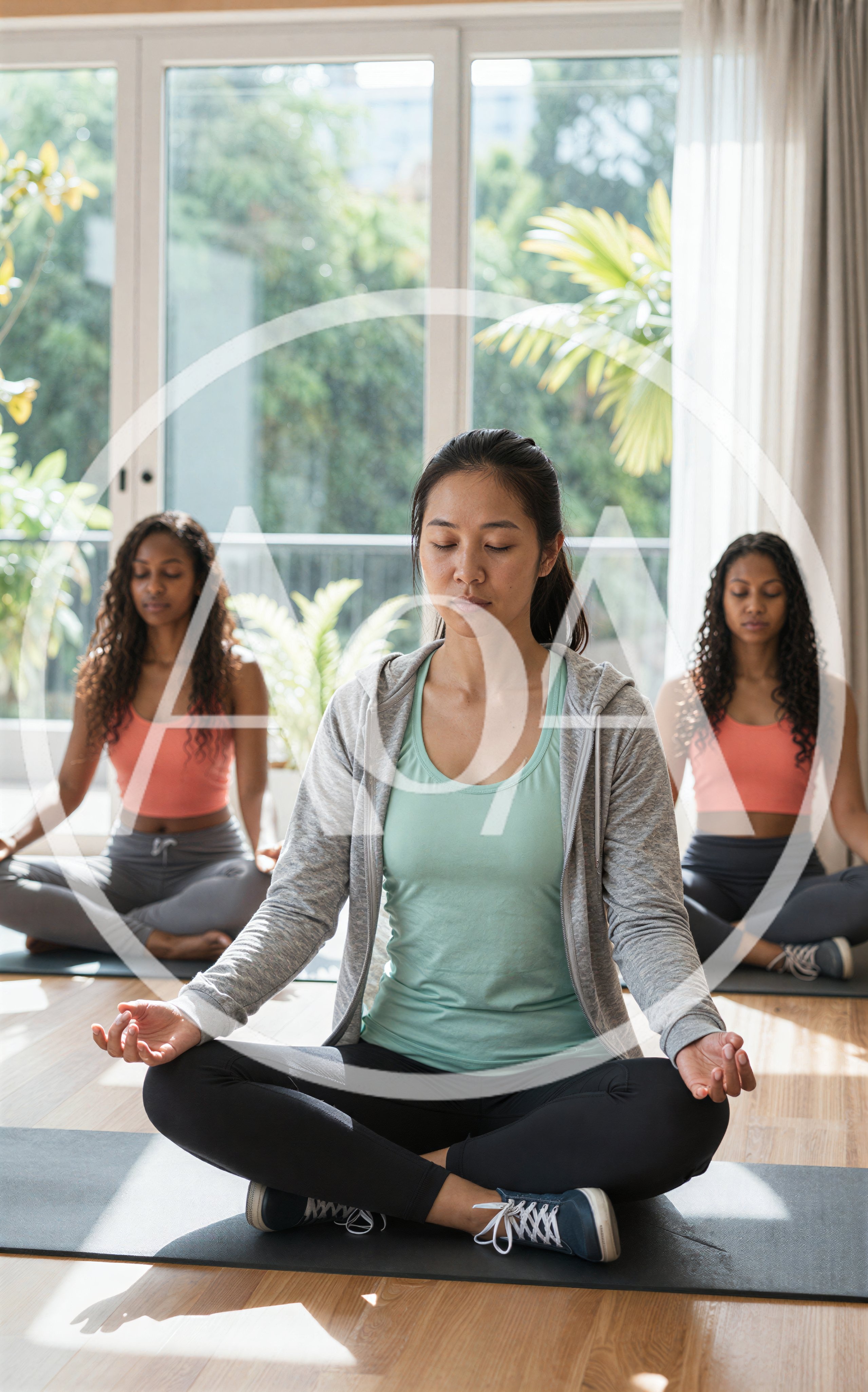 Three Women Practicing Yoga Meditation in a Bright Studio