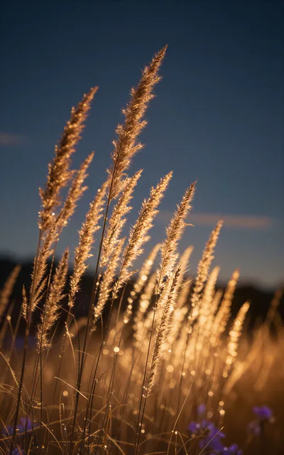 Golden Grass Stalks Glowing In Sunset Light