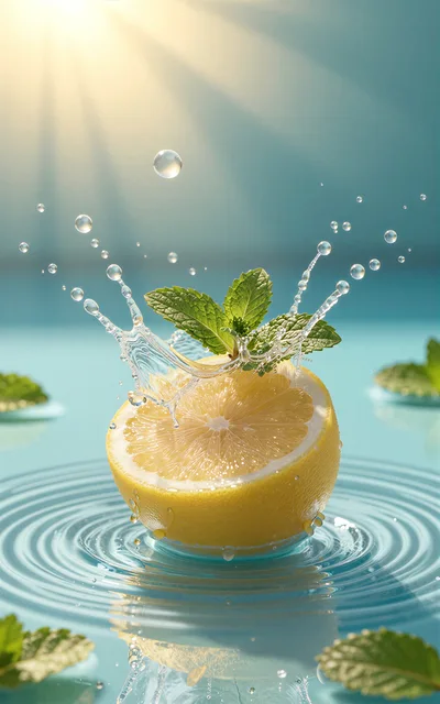 Fresh Lemon Half Splashing Into Clear Blue Water