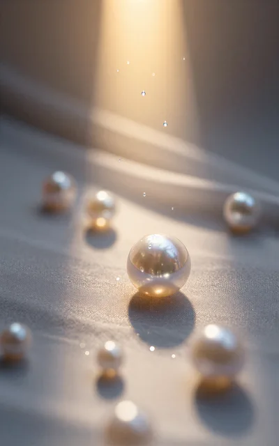 Luminous Pearls Scattered on Soft Fabric with Water Droplets