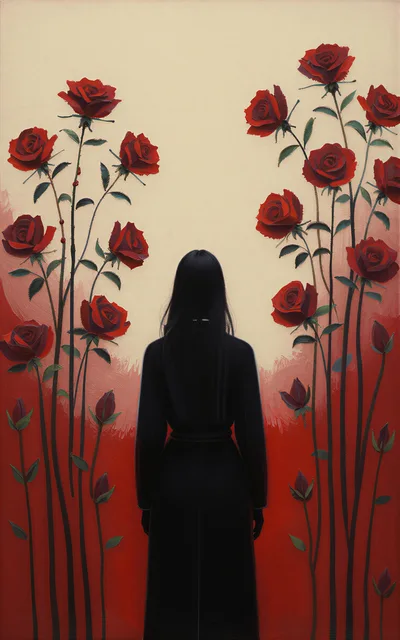 Woman In Black Standing Before Red Roses