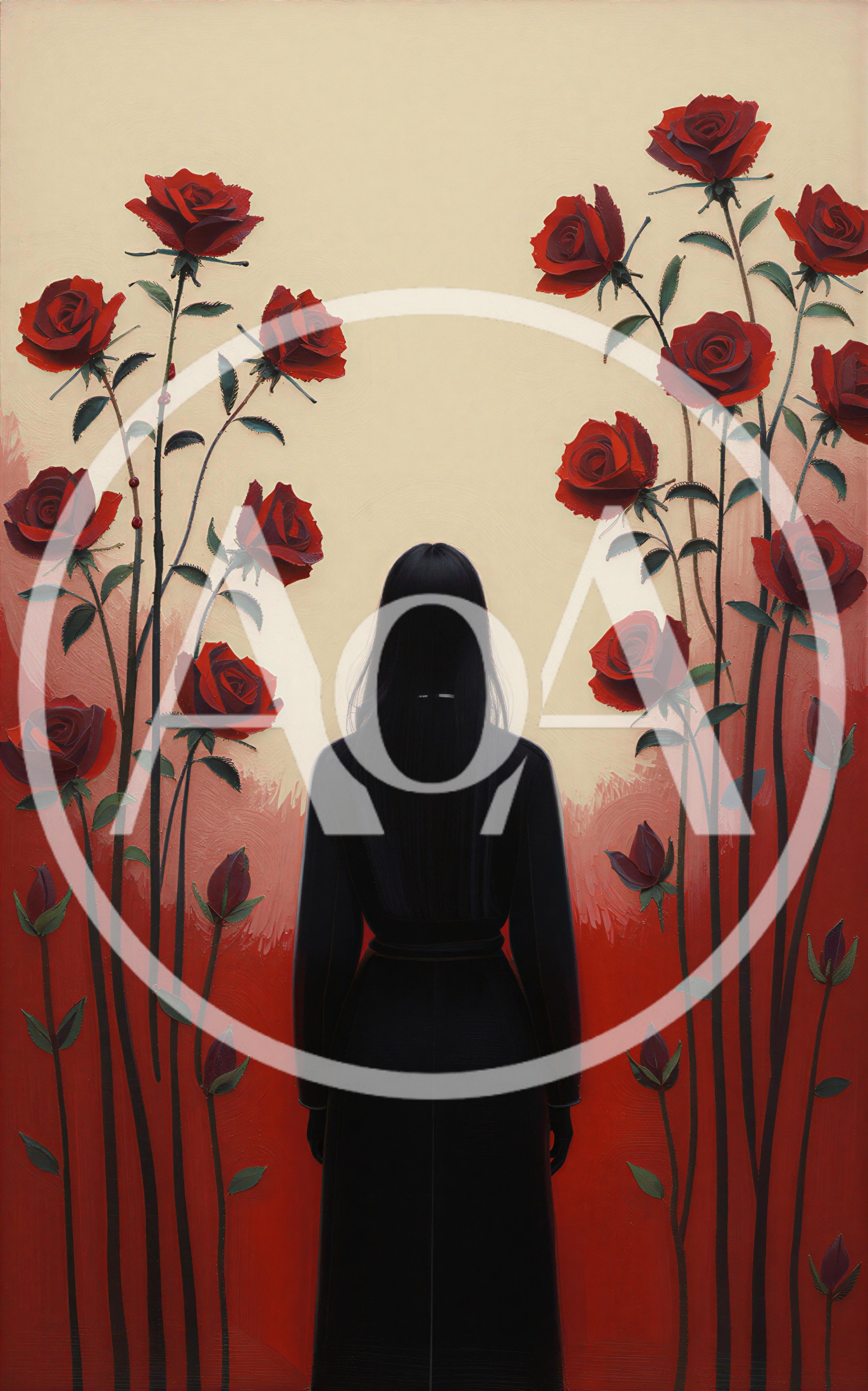 Woman In Black Standing Before Red Roses