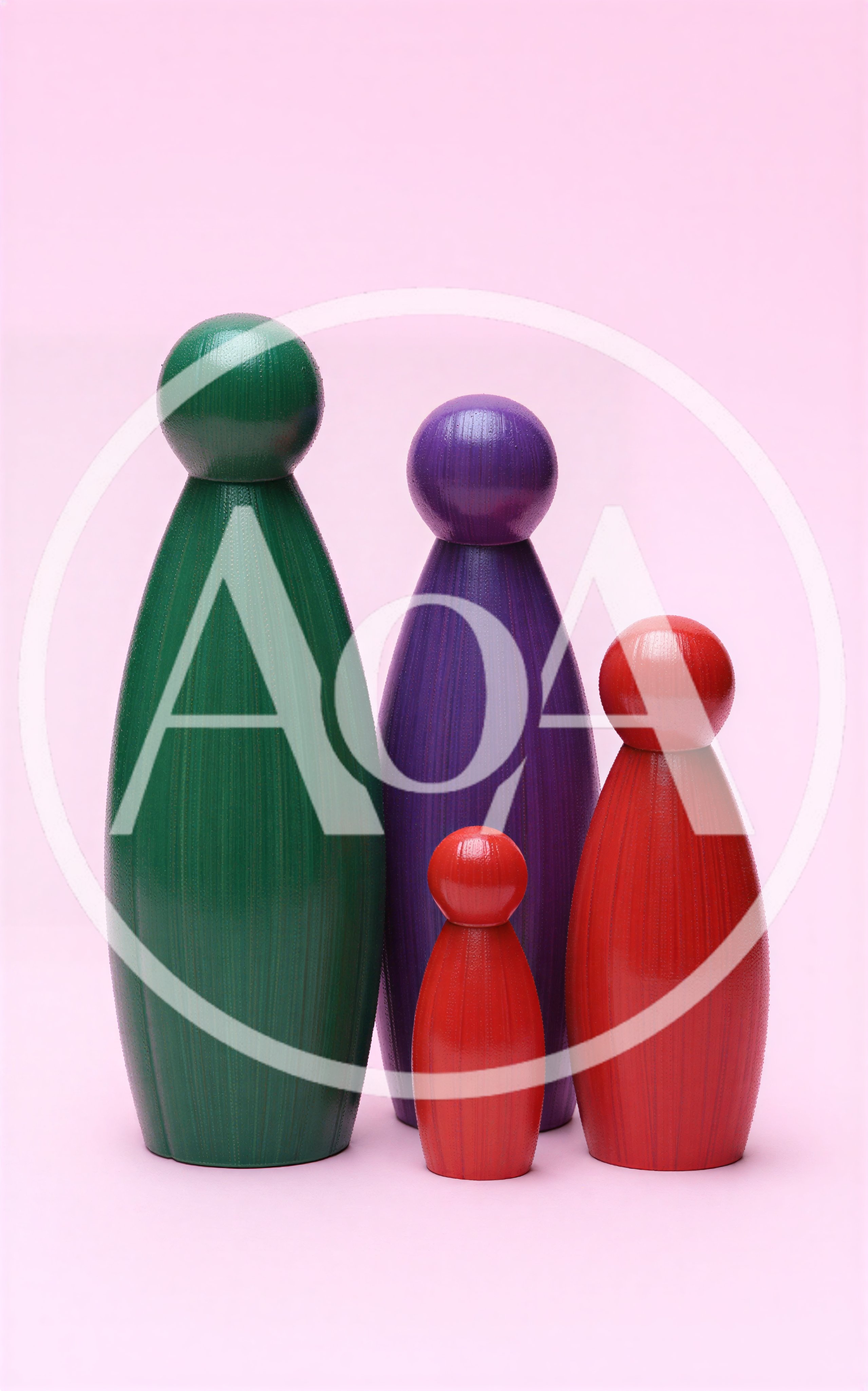 Four Colorful Wooden Peg Dolls On Pink Background