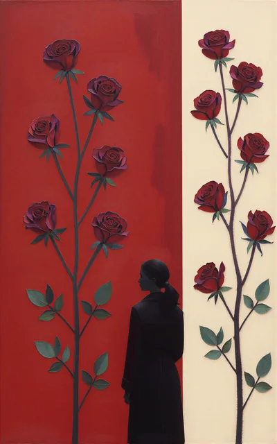 Woman Standing Between Two Tall Rose Stems