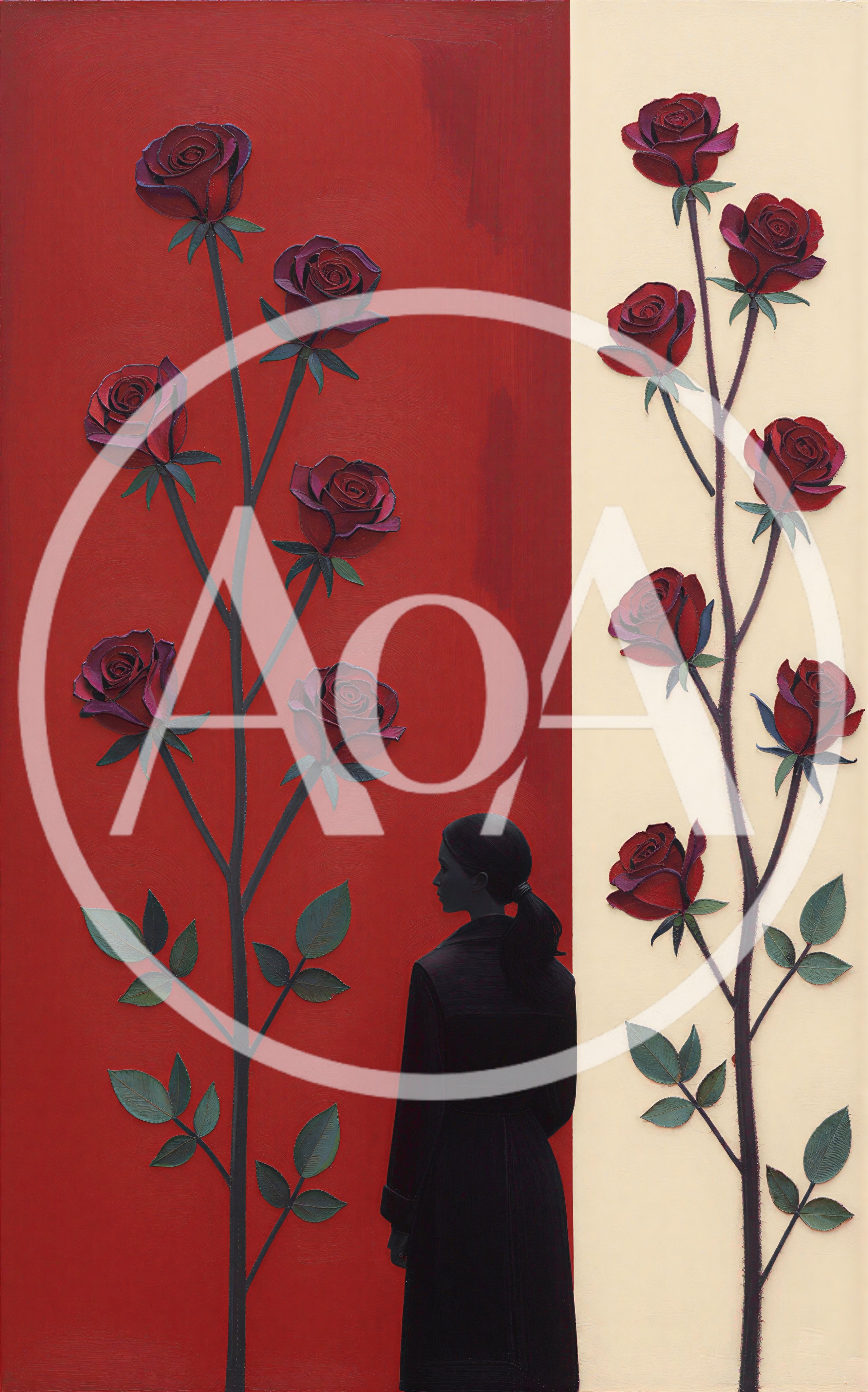 Woman Standing Between Two Tall Rose Stems