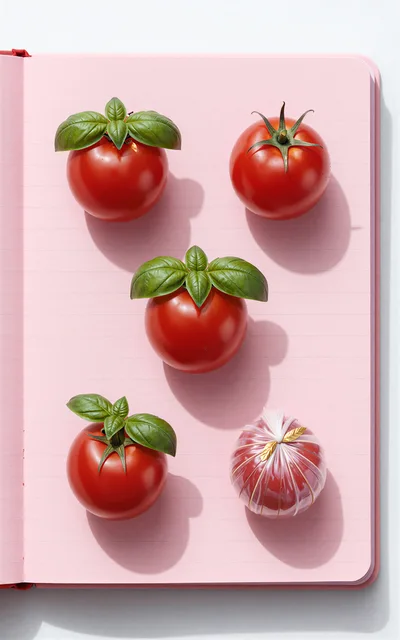 Fresh Tomatoes and Decorative Ornament on Pink Notebook