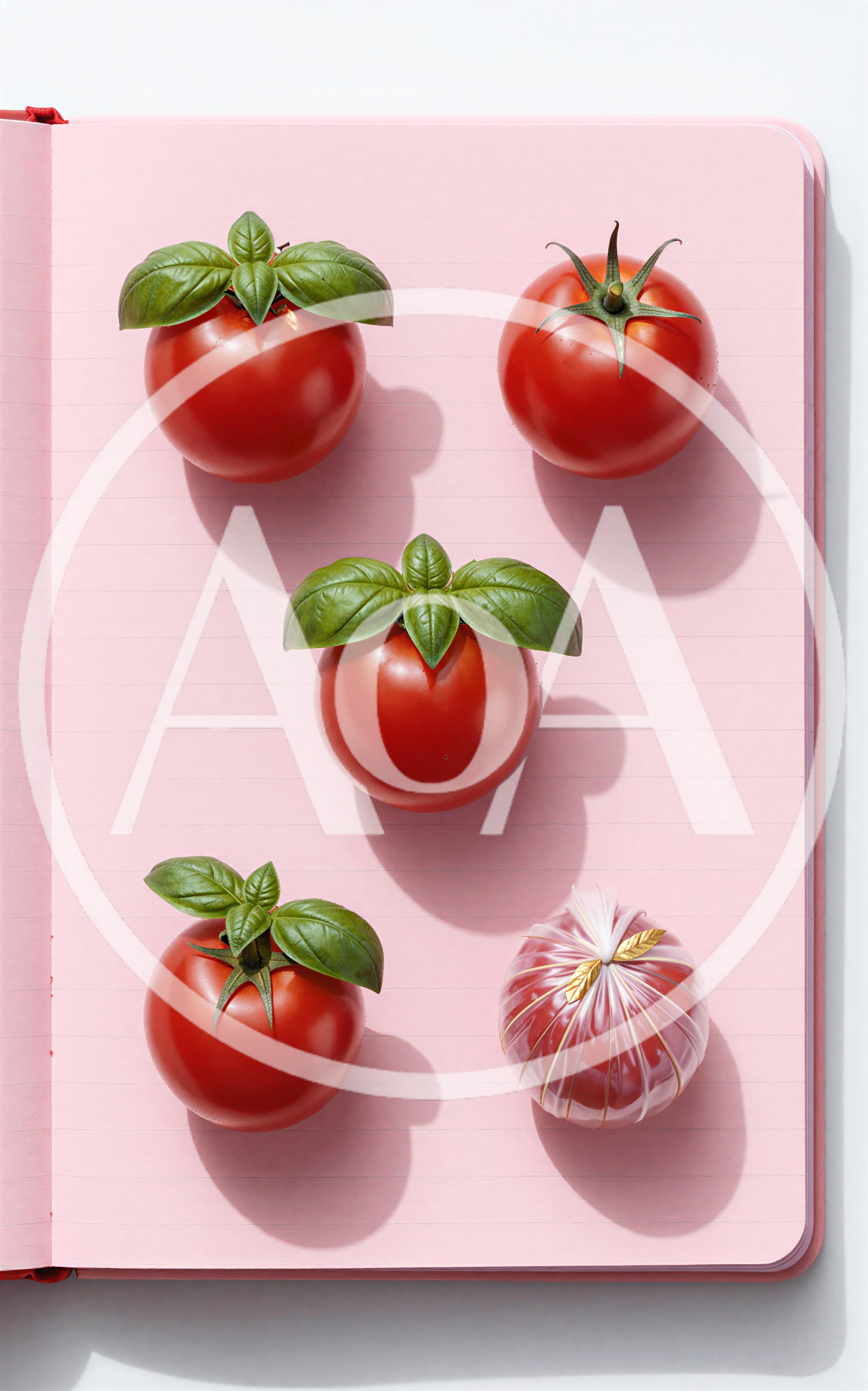 Fresh Tomatoes and Decorative Ornament on Pink Notebook